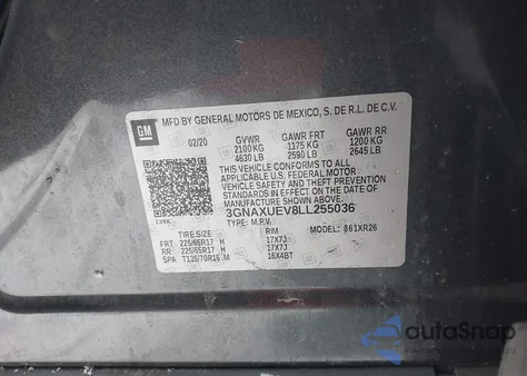 2020 Chevrolet Equinox Awd Lt 1.5L Turbo from USA, damaged, VIN 3GNAXUEV8LL255036